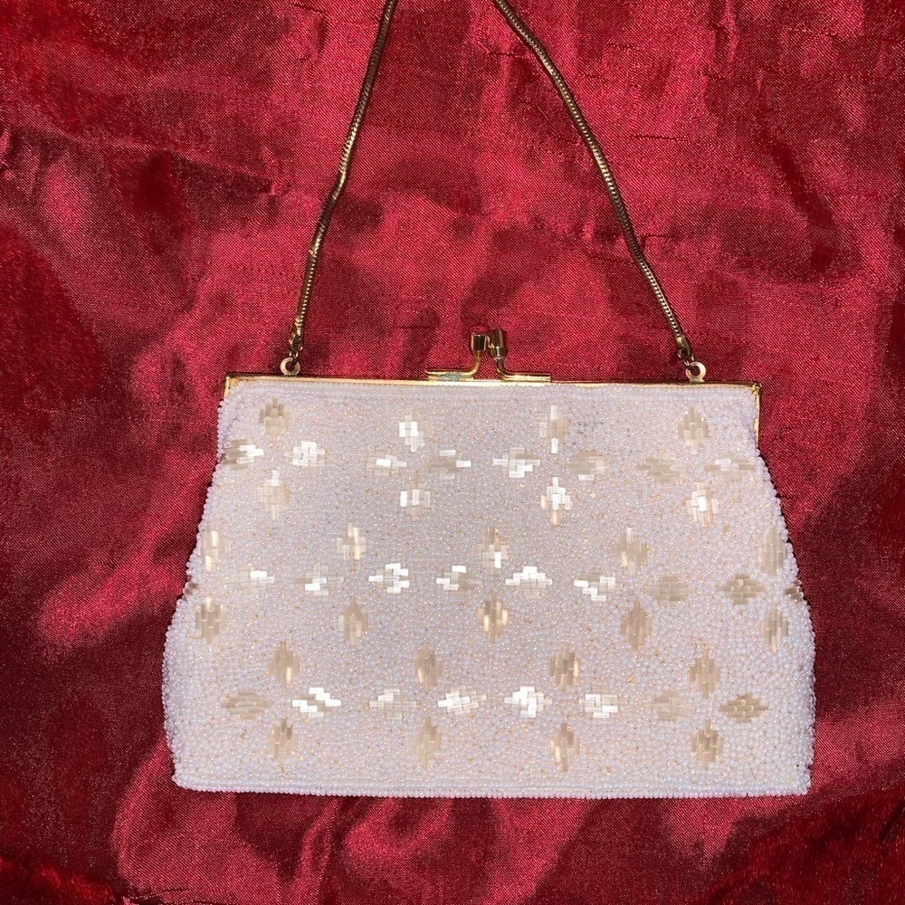 Vintage White and Gold beaded Purse Small - Picture 3 of 10
